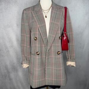 Whistles Multi Check Double-Breasted Plaid Blazer Size 6